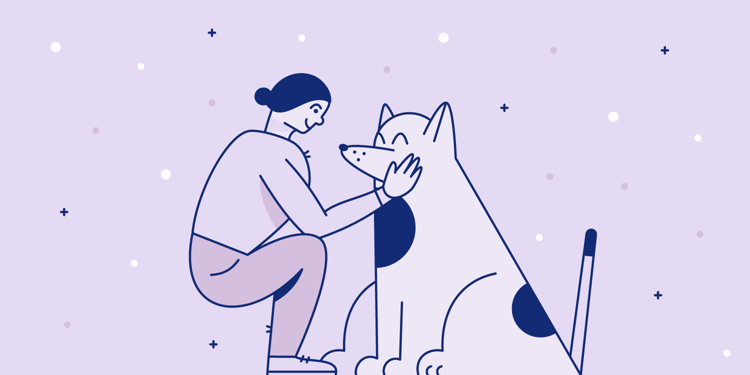 Woman pets the face of a large dog. Illustration.
