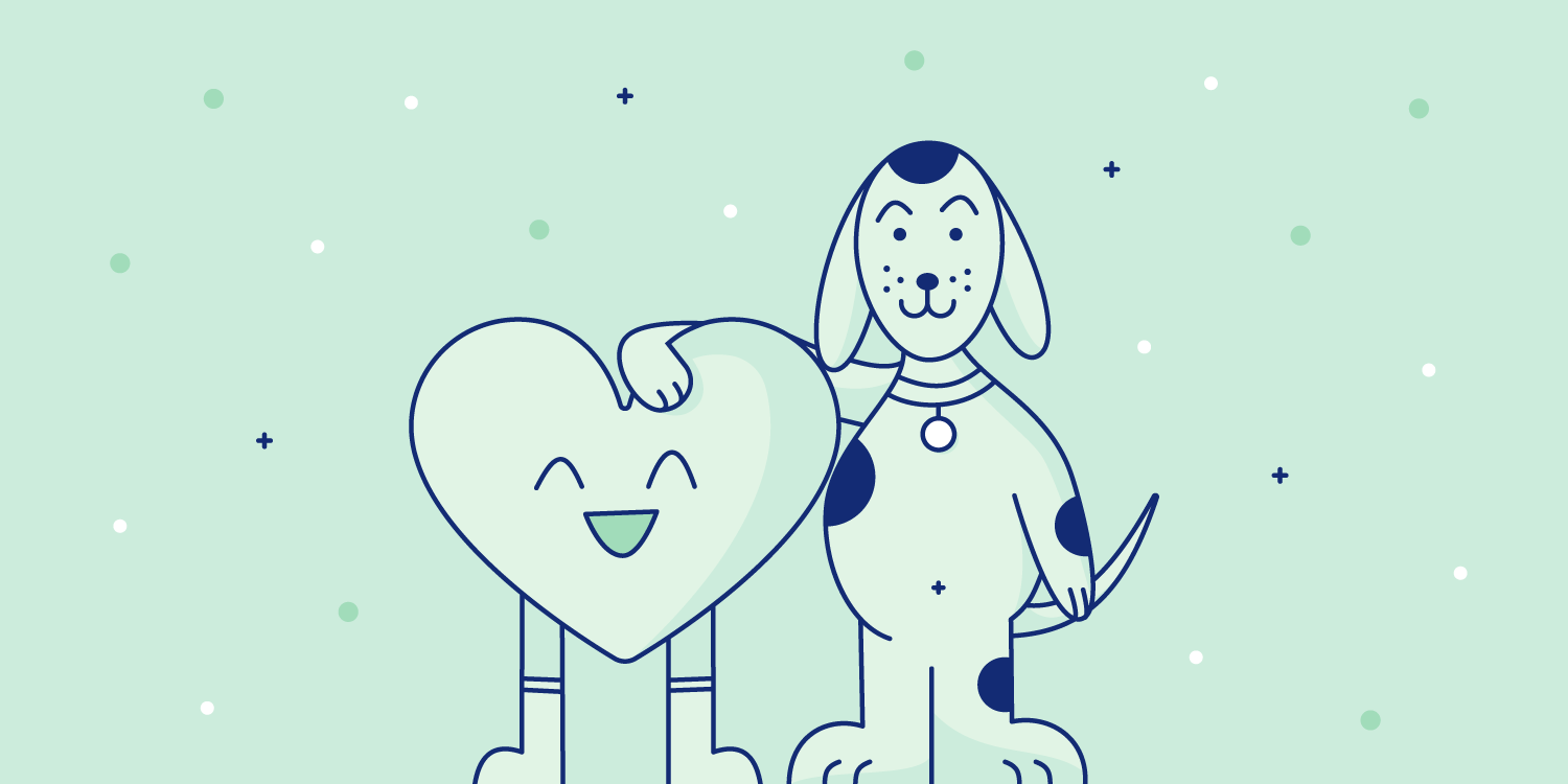 Spotted dog stands next to happy cartoon heart. Illustration.
