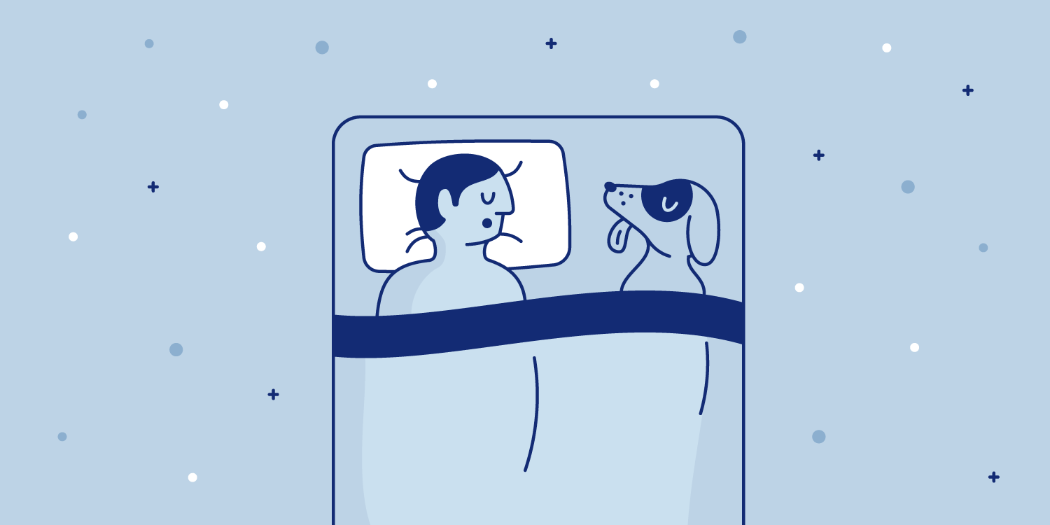 Dog sleeping in bed with man. Illustration.