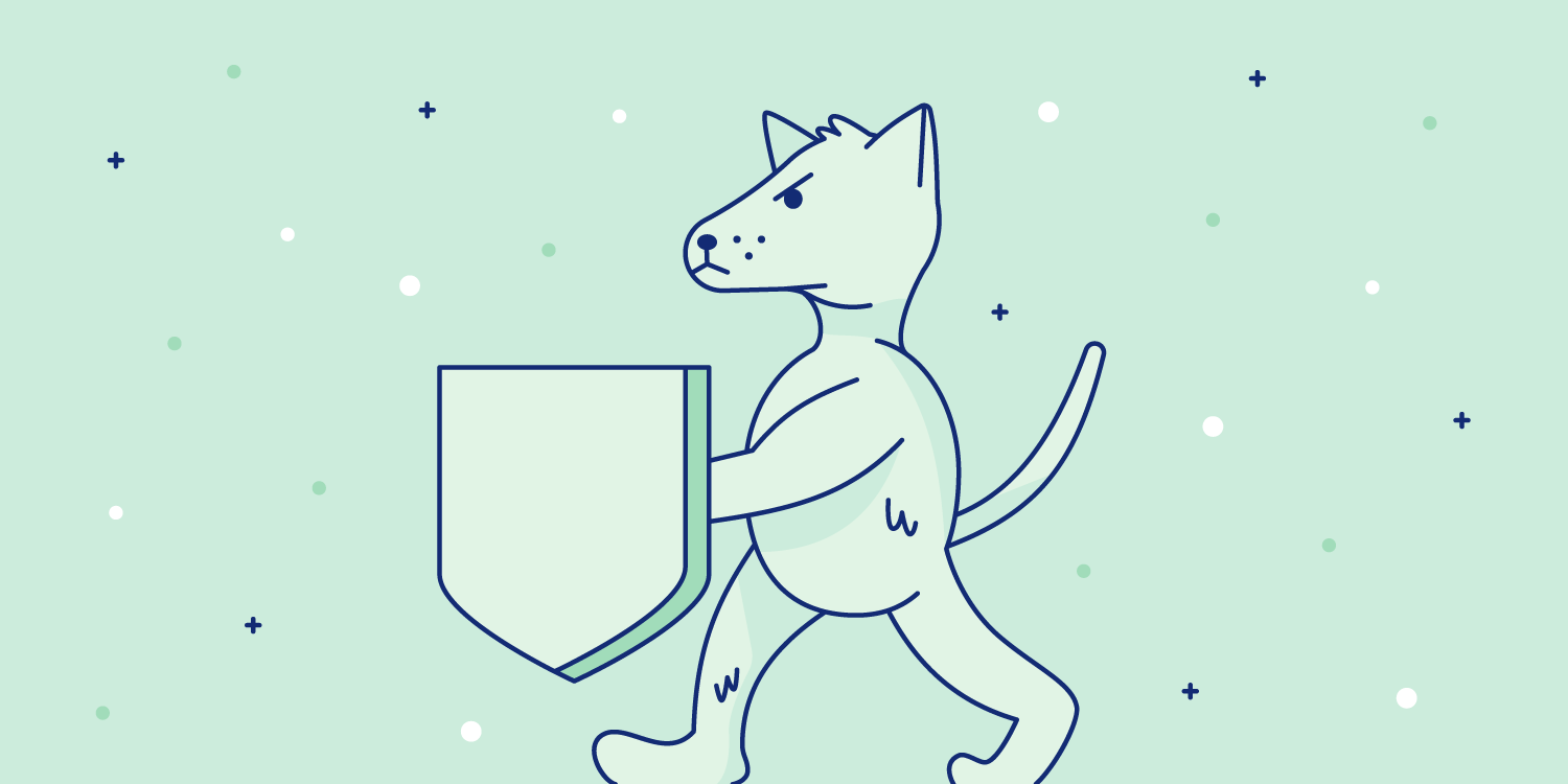 Dog holds a shield with the instinct to protect. Illustration.