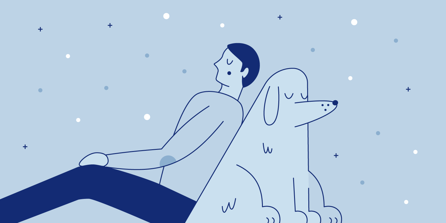 Man rests and leans against his furry dog companion. Illustration.