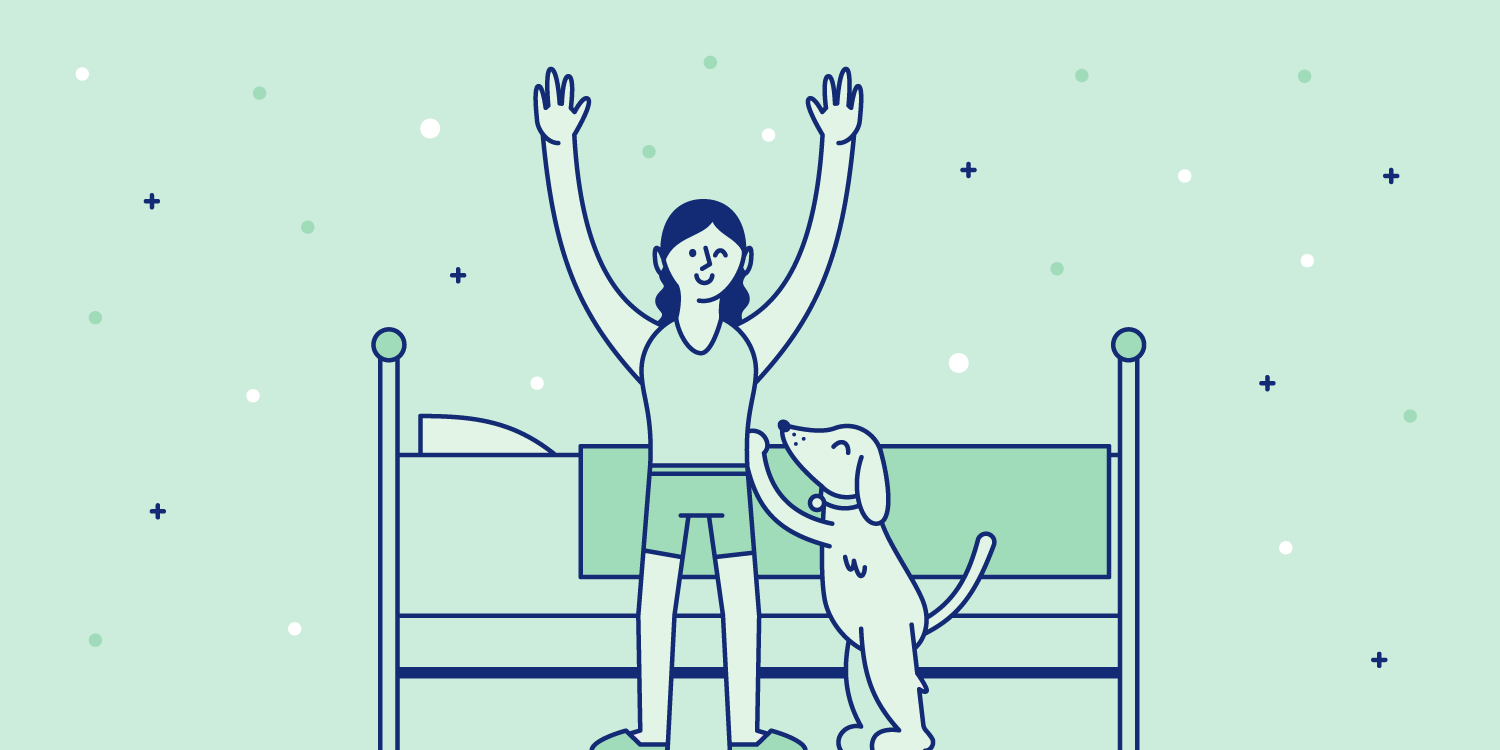 Woman stretches in the morning after a comfy sleep with her dog. Illustration.