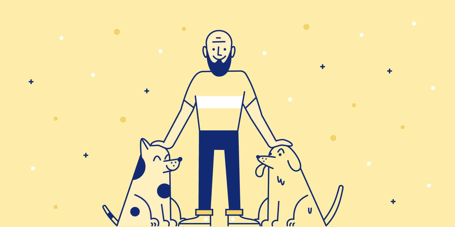 Man pets two good dogs. Illustration.