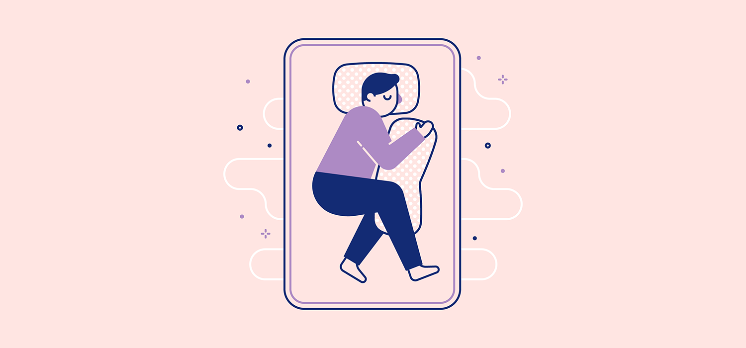 A person sleeps while holding onto a large pillow with an arm and both legs. Illustration.