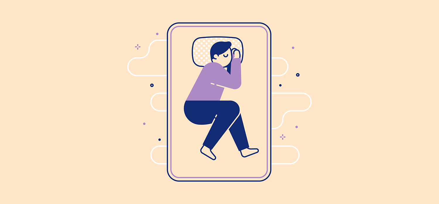 A person sleeps slightly curled with their hands together on the pillow. Illustration.